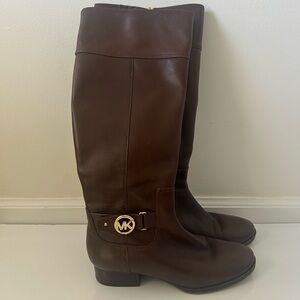 Michael Kors Brown Leather Boots Gold Logo Size 8